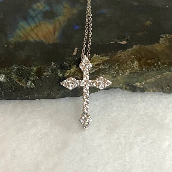 Sterling Silver 925 Dainty Round Prong Set White Sapphire Cross Necklace 18" - Picture 3 of 16